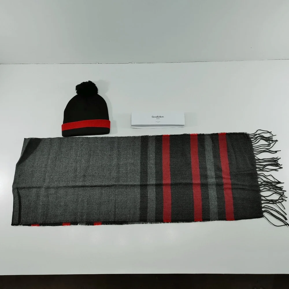 Goodfellow Co Mens Knit Beanie Hat and Scarf Set Black Red‎ Stripe Pom Pom